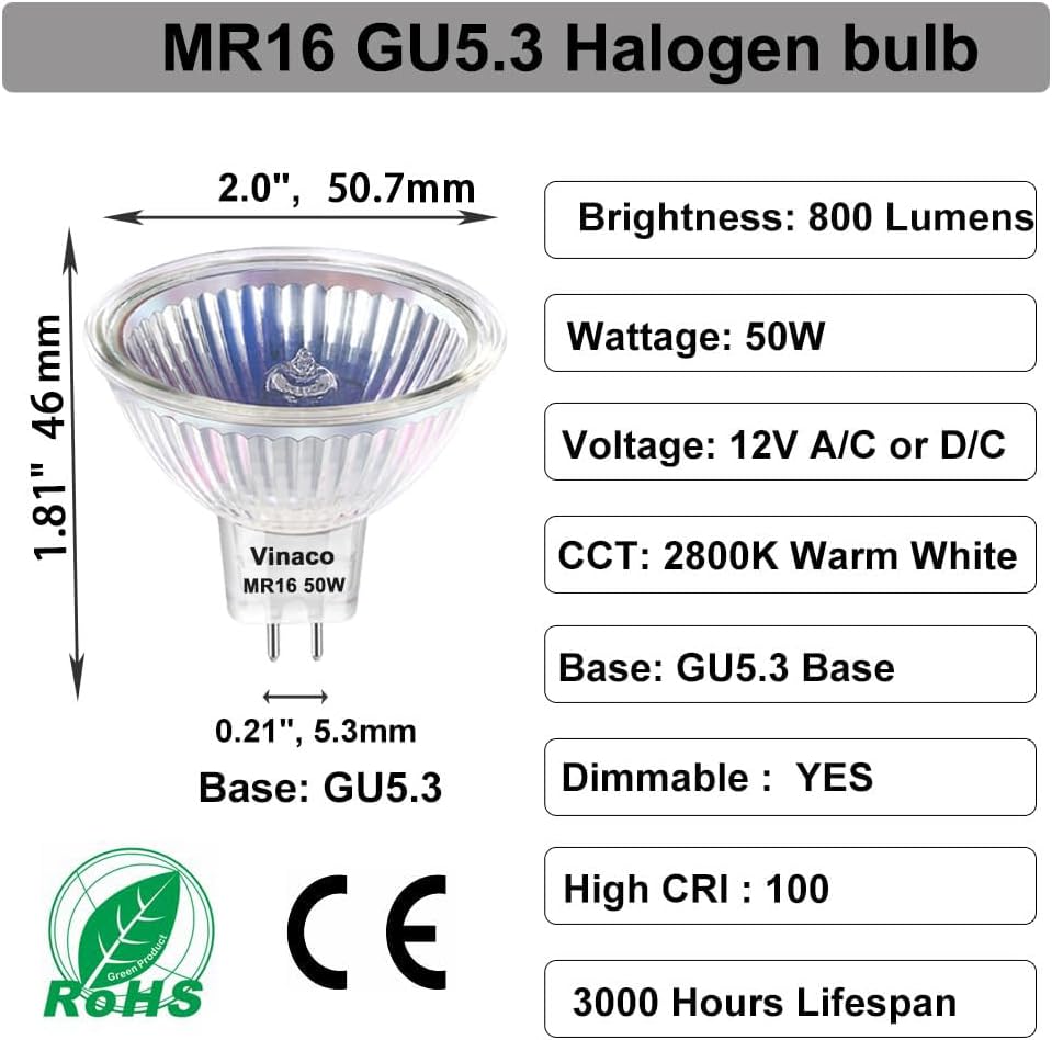 Vinaco MR16 Bulb，6 Pack MR16 Halogen Bulb 50W GU5.3 Base, 800LM High Output MR16 12V 50W Halogen, 2800K Warm White MR 16 Dimmable with Clear Glass Cover, MR 16 GU5.3 for Landscape, Track Lights