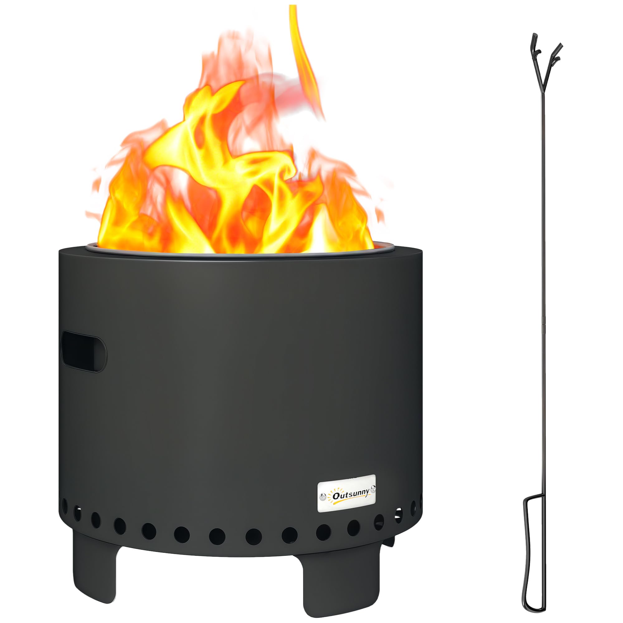 Outsunny Smokeless Fire Pit, 45cm Portable Wood Burning Firepit with Poker, Stainless Steel Liner for Garden Camping Bonfire Party, Steel, Dark Grey