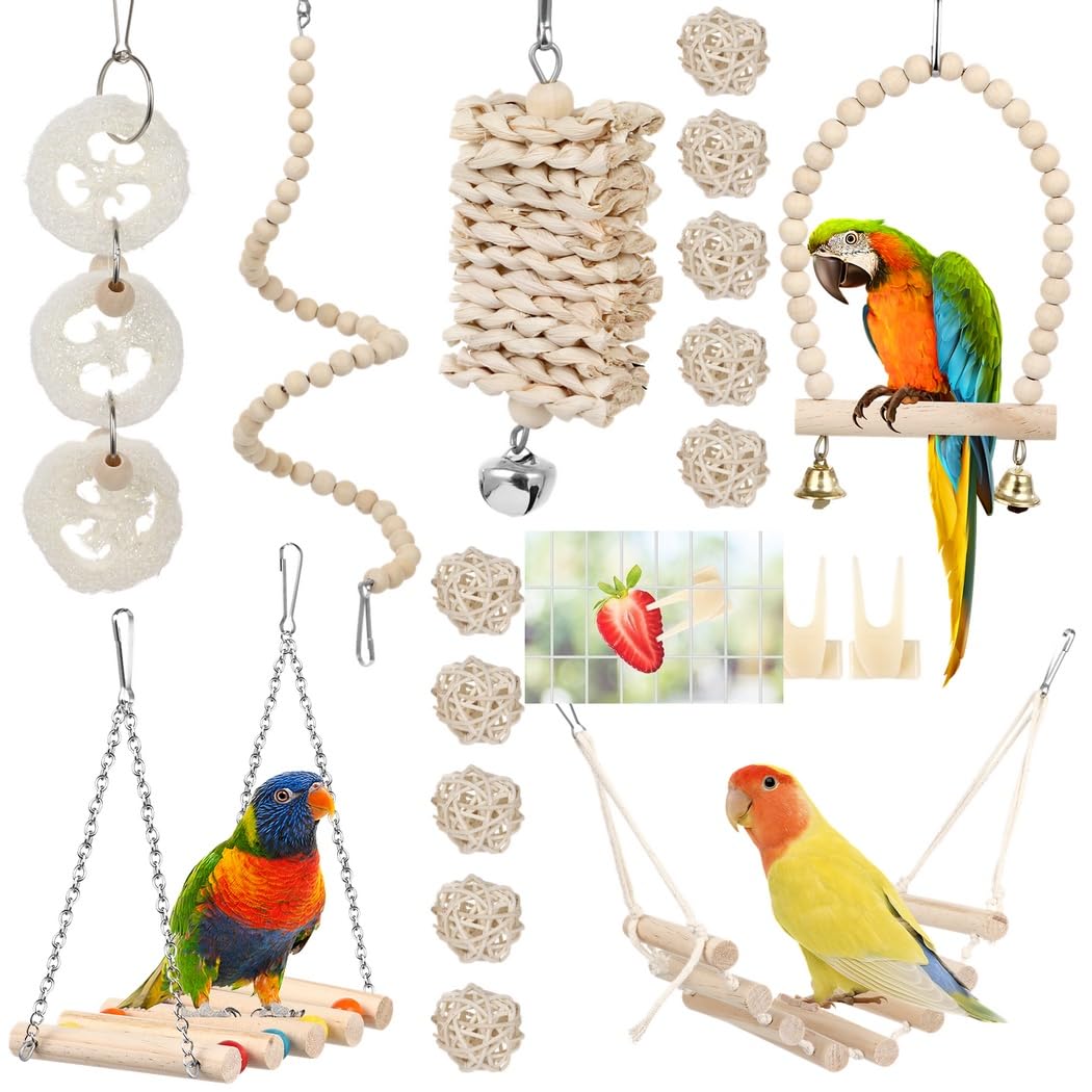 Generisch 18 STK. Vogel- und Papageienspielzeug, Schaukelspielzeug zum Aufhängen im Vogelkäfig, Käfigzubehör für Wellensittiche, Sittiche, Conures, Nymphensittiche, Mynahs, Agaporniden und Finken