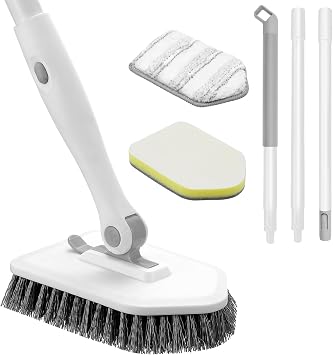 nacena Shower Scrubber with Long Handle, 3 in 1 Tile Tub Scrubber Brush with 3 Detachable Cleaning Heads Adjustable Handle Shower Cleaner Brush for Bathroom, Kitchen, Toilet, Wall, Sink, Grey White