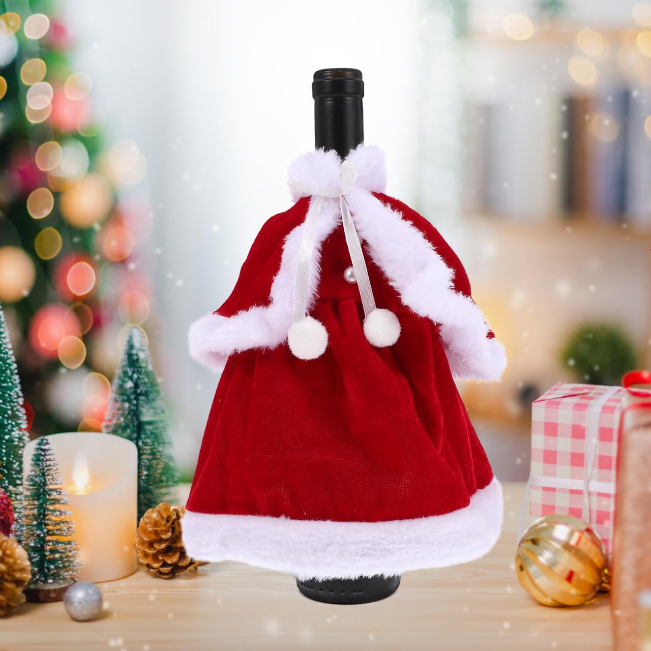 Housoutil Christmas Dress Wine Bottle Covers, 2pcs Decorative Formal Wine Skirt Dress Accessories for Holiday Parties, Family Gatherings, Birthday Events