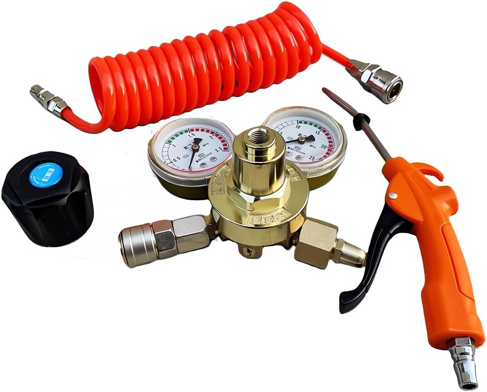 High Pressure Helium Regulator Kit - Solid Brass Valve, Dual Gauge, Blow Gun, Braided Hose for Helium Tanks Only
