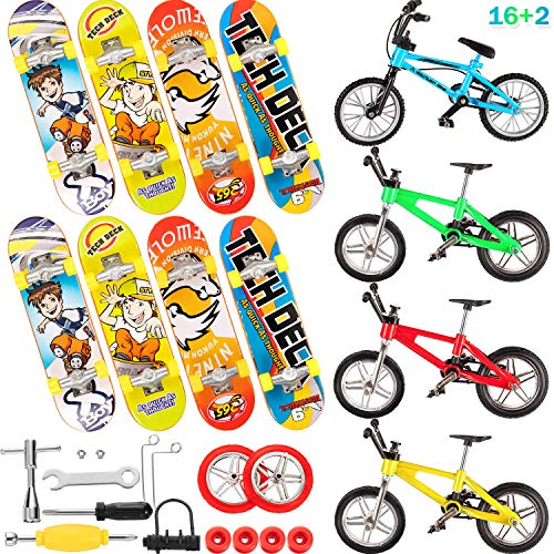 Gejoy 16 Pieces Finger Skateboard Finger Bike Set Mini Skateboard Finger Bicycles