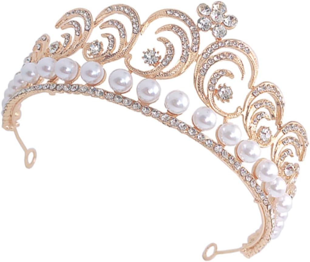 Bridal Crown with Pearls and Rhinestones Baroque Style Wedding Headdress for Women Bride Elegant Party Hair Accessory Gold Circlet