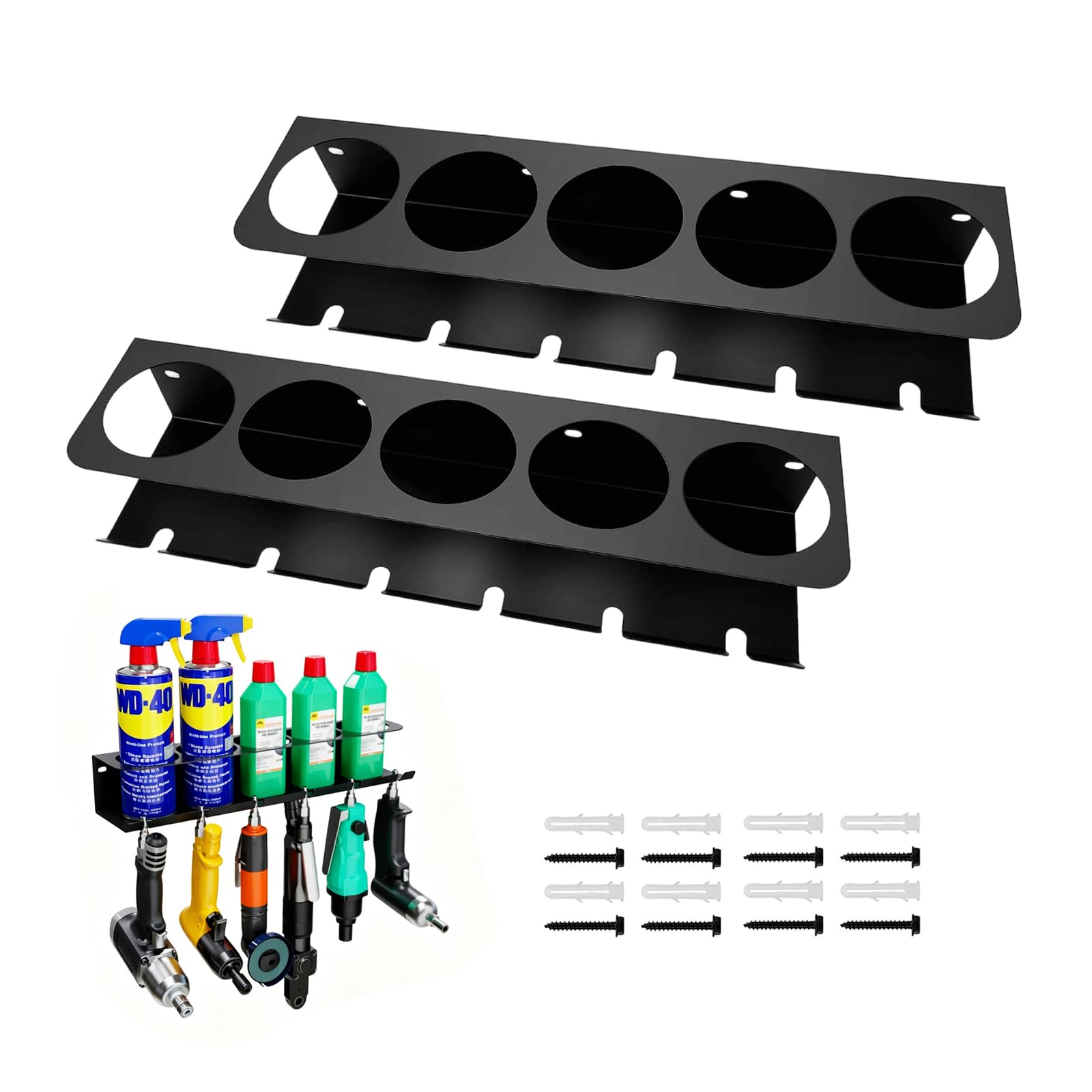 Juego de 2 soportes para botellas de spray con 5 compartimentos y 6 ranuras, para garaje, taller y hogar