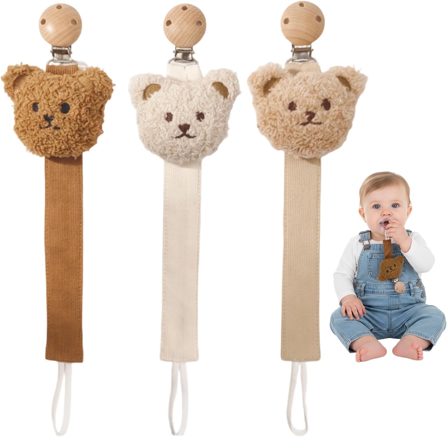 3 Pack Dummy Clip, Pacifier Holder with Secure Fastening, Cute Bear Soother Clips, Personalised Dummy Clip for Boys and Girls (White, Coffee and Brown)
