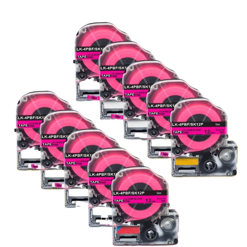 Confezione da 10 nastri per etichette rosa fluorescente da 12 mm con testo nero, compatibili con LabelWorks LW-300, LW-400 e altri modelli selezionati