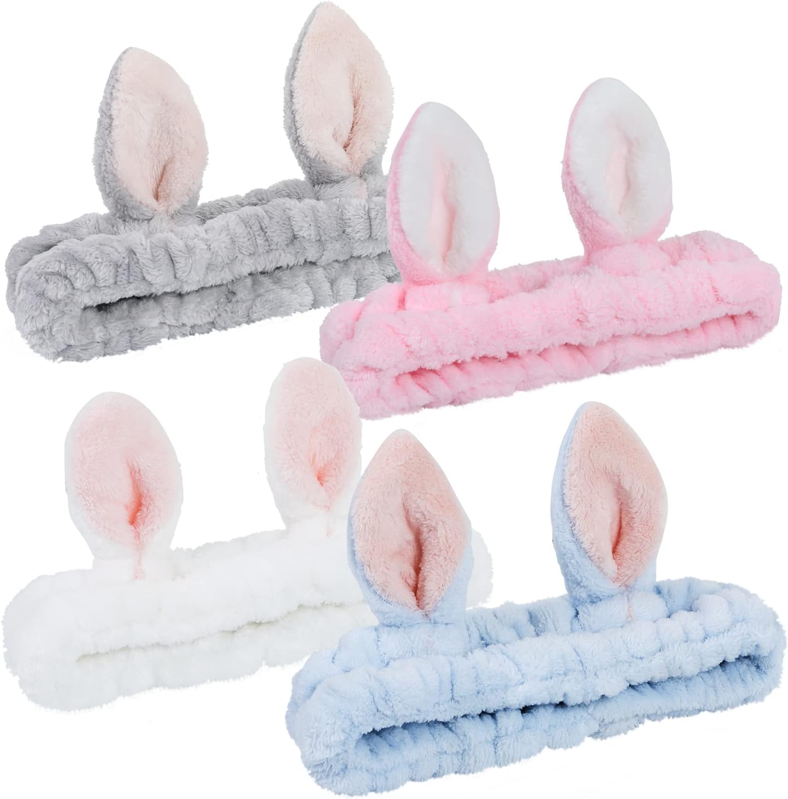 4 Pack Elastic Makeup Headbands for Women, Girls' Soft Flannel Bunny Ears Headbands Head Wraps, SPA Headband Hair Band for Washing Face
