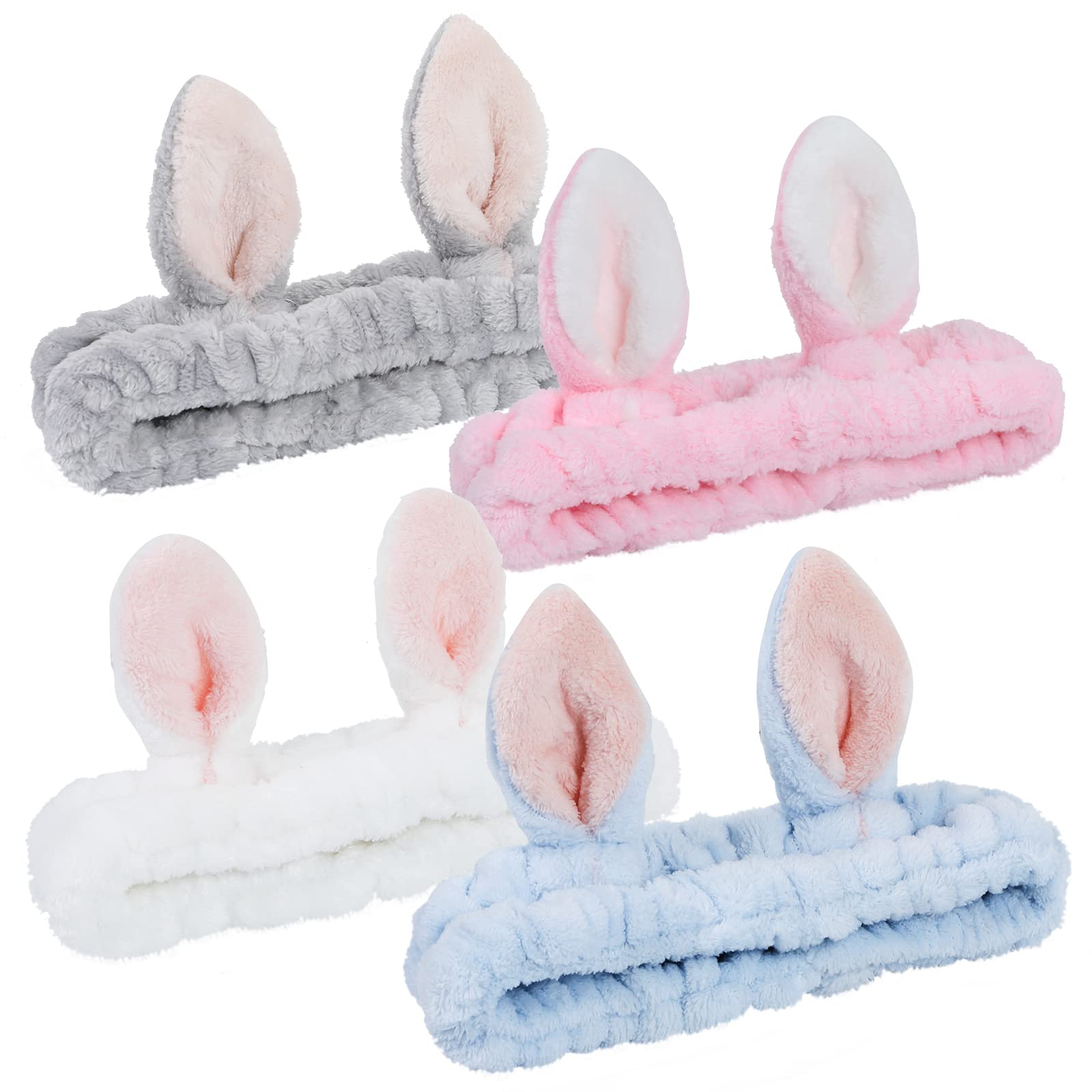 4 Pack Elastic Makeup Headbands for Women, Girls' Soft Flannel Bunny Ears Headbands Head Wraps, SPA Headband for Washing Face