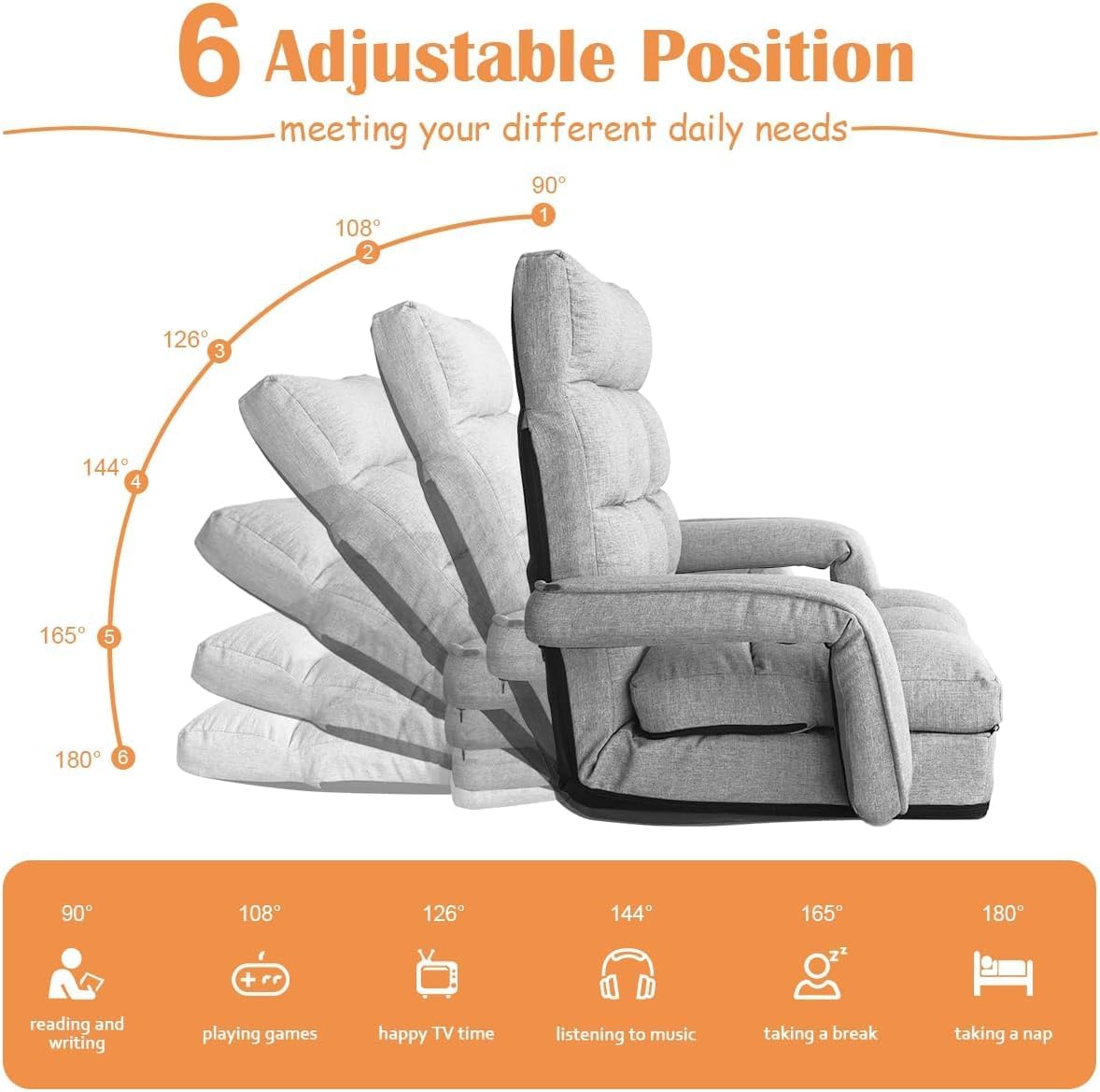Floor Gaming Chair, 6 Position Adjustable Indoor Chaise Lounge for Teens Adults, Padded Folding Sofa with Armrests and Pillow, Comfy Chair for Meditation, Reading, Light Grey