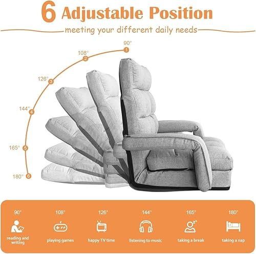 Miniatura 3 de Silla de juegos de suelo, 6 posiciones ajustables para interiores para adolescentes y adultos, sofá plegable acolchado con reposabrazos y almohada,