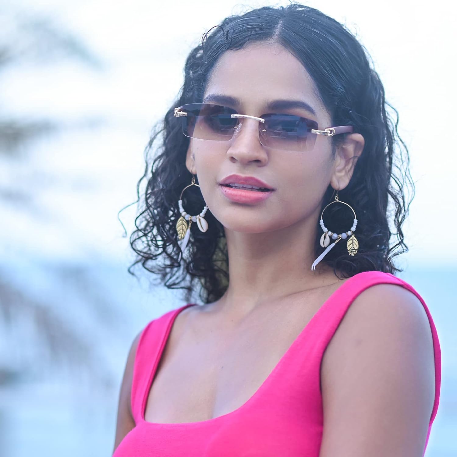 Dollger Rimless Rectangle Sunglasses for Men Women Hip-hop Wood Small Square Sunglasses Frameless 70s 90s Shades - Image 2