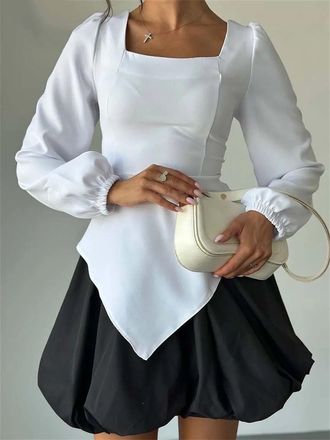 Women Square Neck Long Sleeve Open Back Tops and Pleated Mini Skirts Cotton 2 Piece Sets