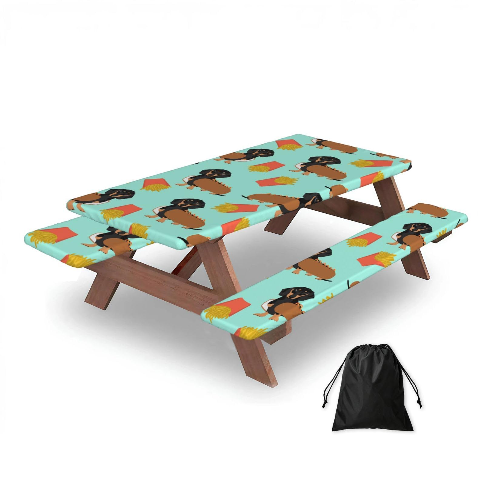 Dopklna As Picture Sausage Dog Dachshund, Picnic Table Cover With Bench Covers -Waterproof Elastic Fitted Tablecloth For Garden Camping Patio 76X152cm