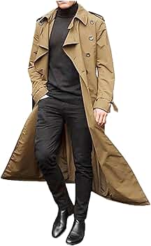 Men's Trench Coat Full Length Double Breasted Slim Fit Lapel