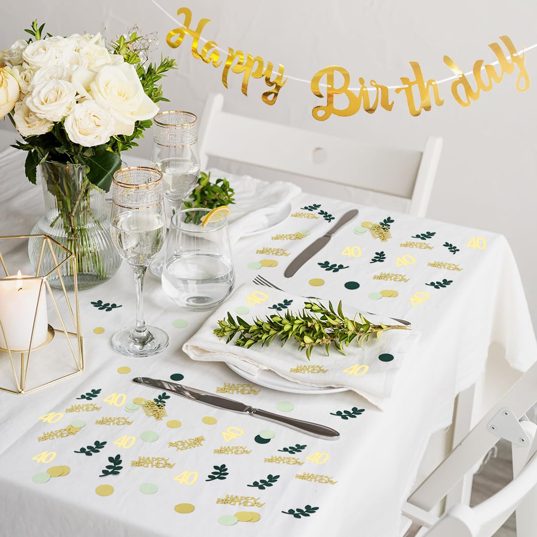 Decoratie voor de 40e verjaardag, 40e verjaardag, feestdecoratie in groen, goud, decoratie voor de 40e verjaardag, banner Happy Birthday, papieren pompons, 40e verjaardag decoratie voor mannen en