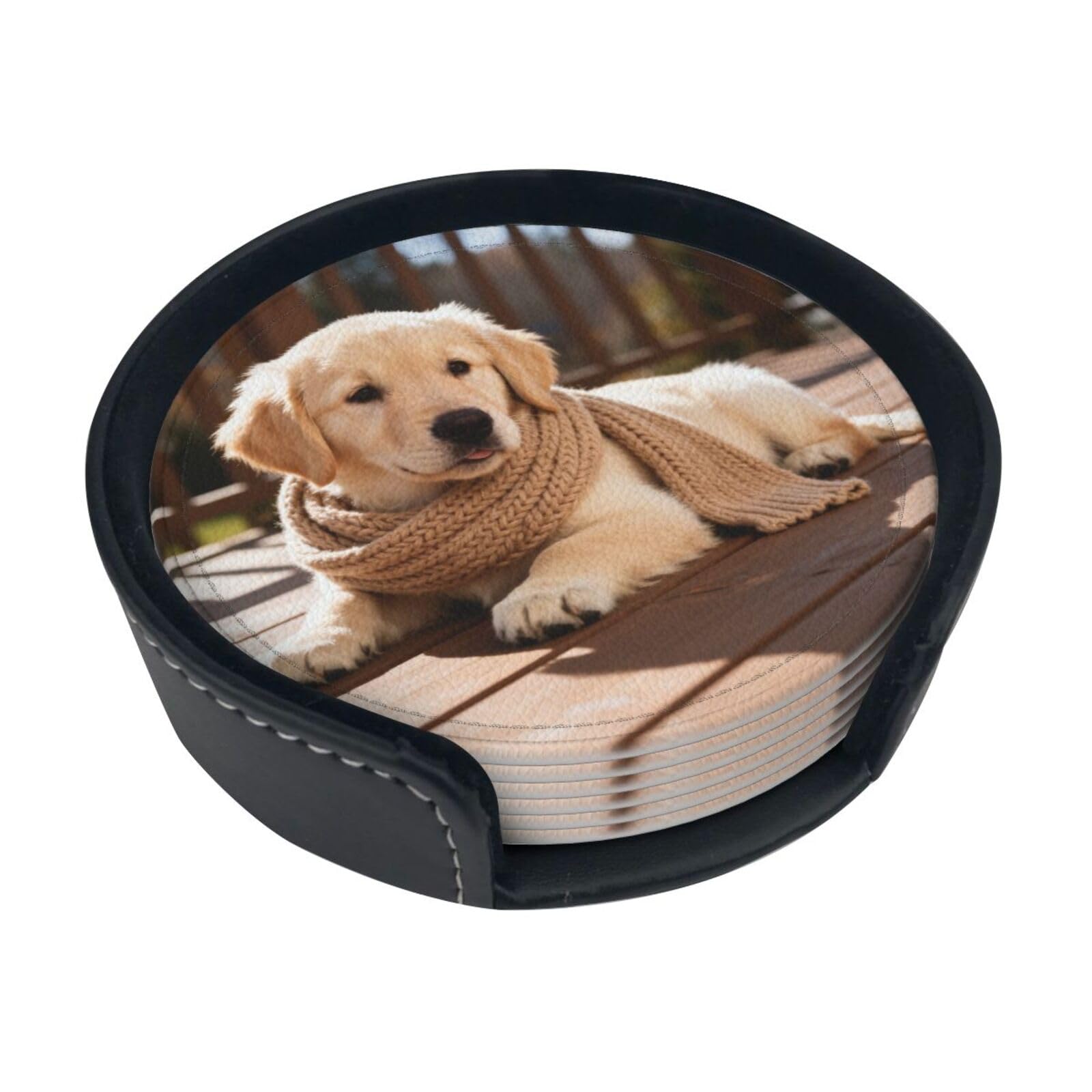 handsome puppy Leather Coasters-Set of 6 with Storage Holder