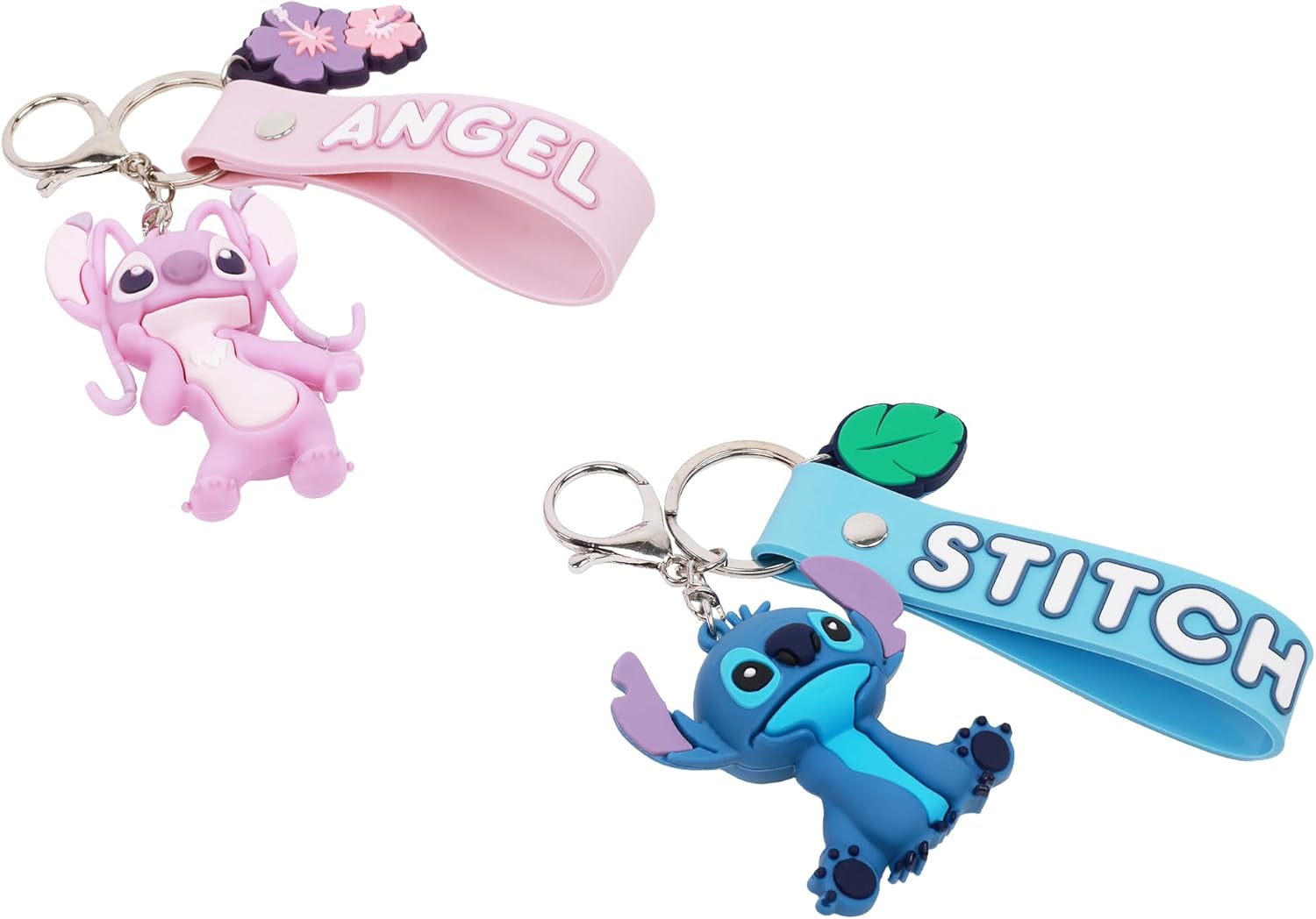 Disney Stitch & Angel Keychain Set, Keyring Accessories for Bags and Backpacks, 3D Character Charms, Cute Tropical Design