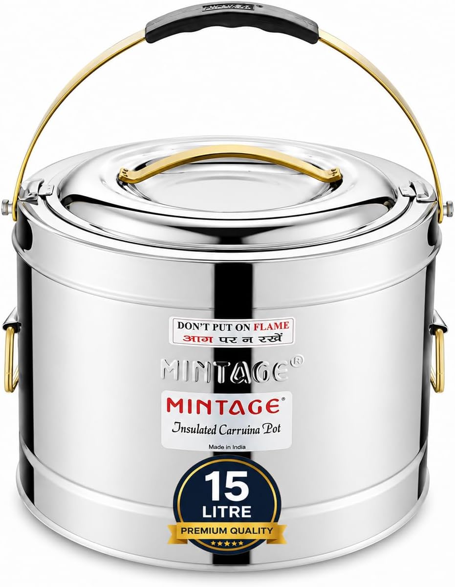 Stainless Steel Sambar Pot 15 Liters For Canteen & Hotel Casserole with side handle Roti | Rice | Biryani Box Puff Insulated Hot & Cold 12 HR picnic pot Container Casserole Thermal Serving Pot