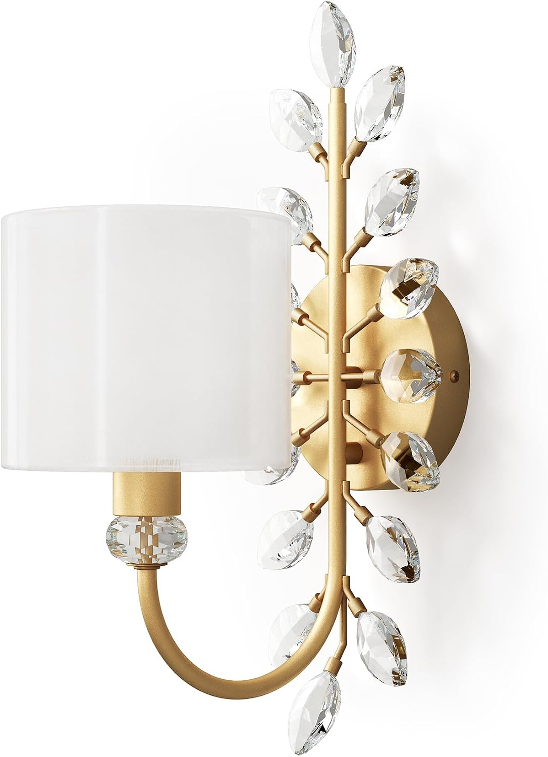 Tribesigns Gold Bedroom Branch Light Fixtures, Modern Decorative Wall Sconce with Crystal Leaves Shape, Double-Layer Fabric Lampshade Wall Light for Living Room, Stairwell, Entryway(E12 Base)