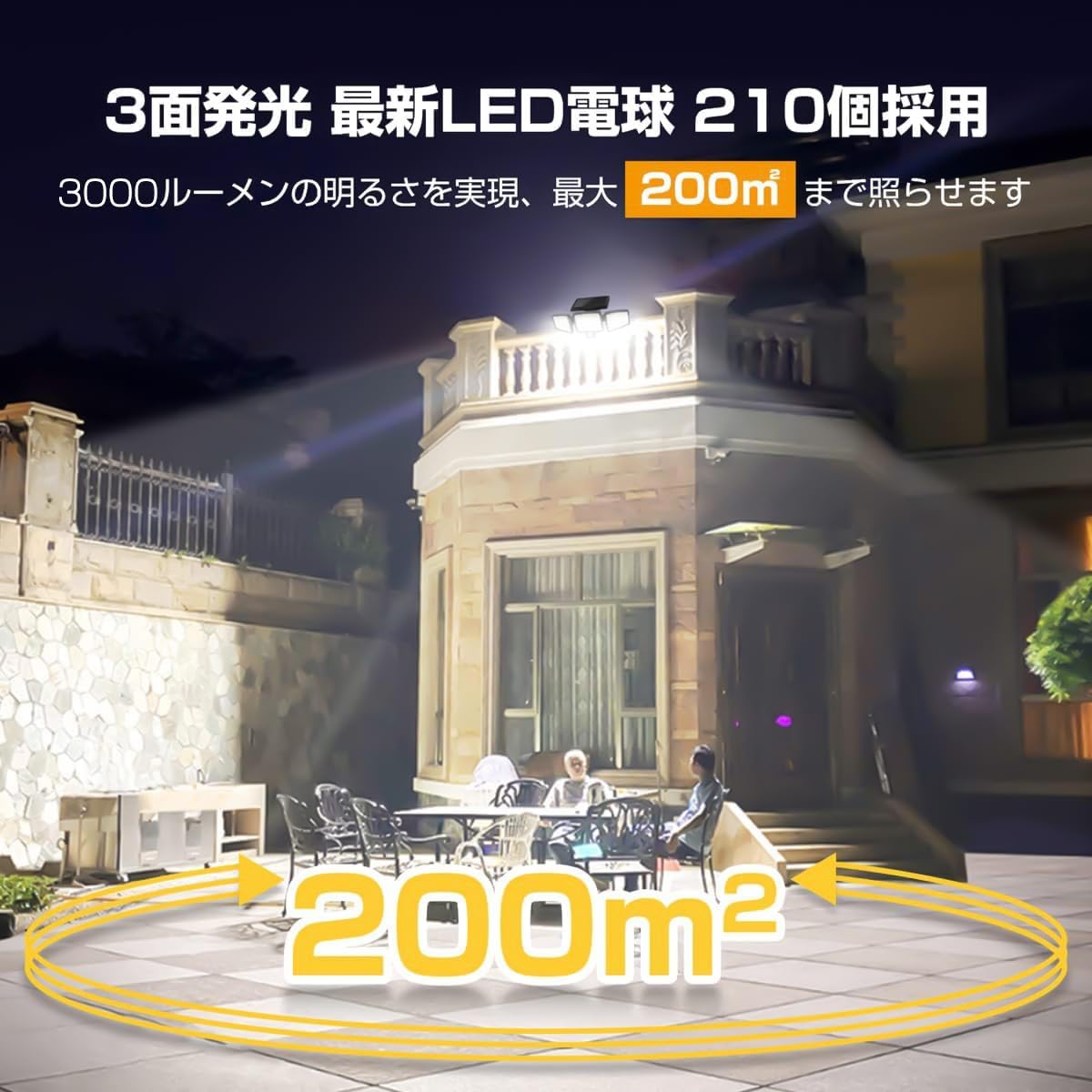 ASEKI(アセキ) ソーラーライト 屋外 防水 センサーライト 極高輝度【業界最大3000ルーメン・210LED・3面発光】360°角度調整可能 3つ知能モード 2200mAh大容量バッテリー 防犯 自動点灯/消灯 ガーデン/壁掛け/庭先/表玄関/駐車場/停電時適用 地震/津波/台風/防災に対応 1個