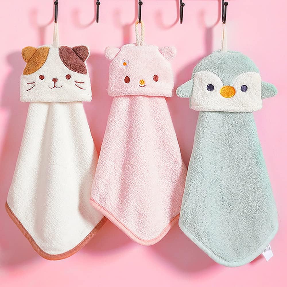 3 Pack Cute Hand Towels, Bathroom Towels with Hanging Loop, Children Hand Towel Animals, Microfiber Coral Fleece Absorbent Hand Towel for Kitchen Bathroom Bedroom (3pcs)