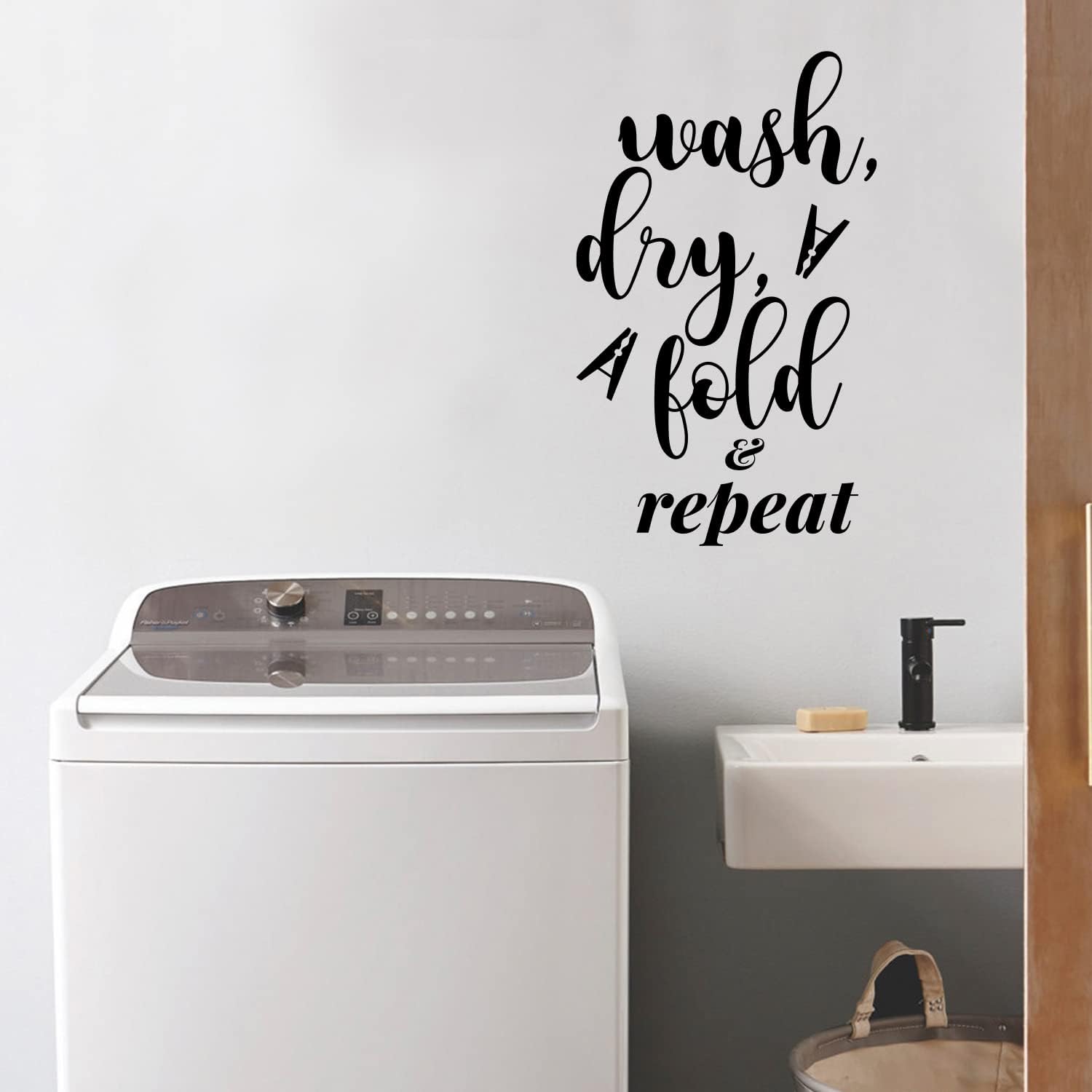 Vinyl Wall Art Decal - Wash Dry Fold & Repeat - 23" x 14" - Trendy Funny Lovely Inspiring Quote Sticker for Home Bedroom Closet Bathroom Laundry Room Washing Space Storefront Decor (Black) image 3
