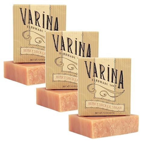 Varina Jabón natural en barra de azúcar madreselva Limpieza suave para pieles sensibles, dulce y vainilla Paquete de 3 Experimenta una piel sana