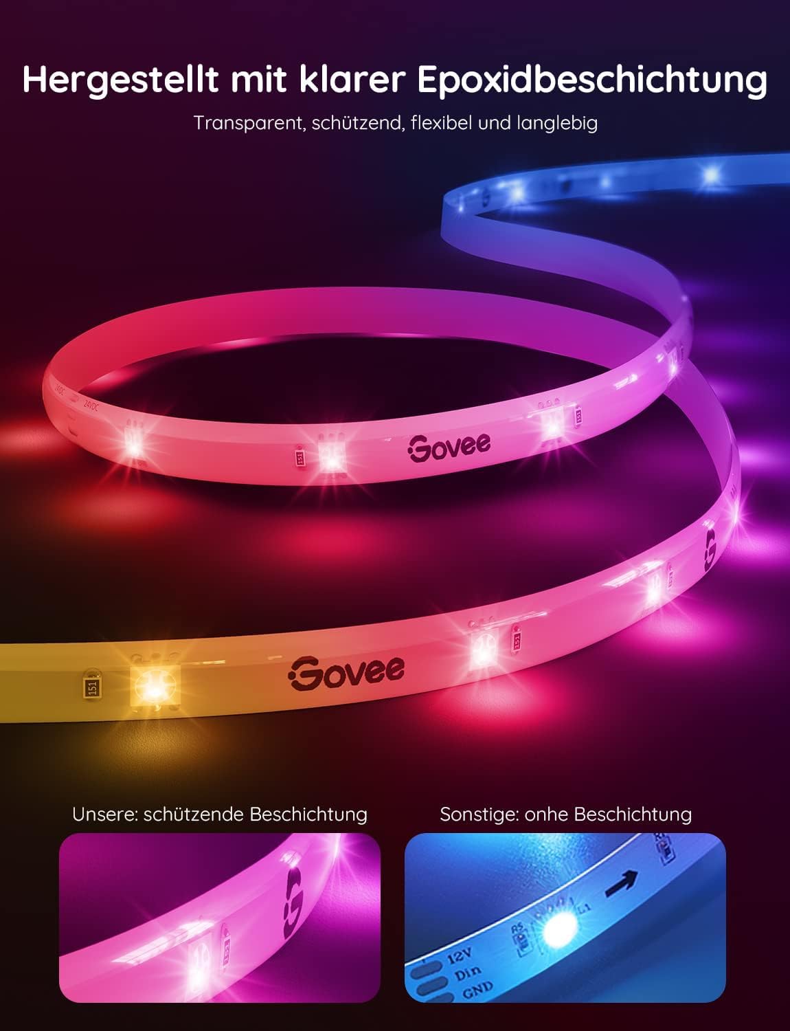 Govee Govee RGBIC Pro Taśma świetlna LED, inteligentna, współpracuje z Alexa i Google Assistant, powlekana taśma świetlna, synchronizacja z muzyką, sterowanie aplikacją, zmiana kolorów, 10 m | Współpracuje z Google Assistant, taśma świetlna LED, synchroni
