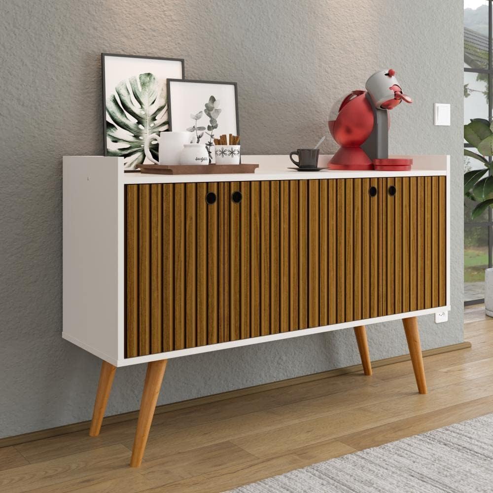 Aparador Buffet Retrô 4 Portas Dallas - Off White/ripado Nature - Rpm Móveis