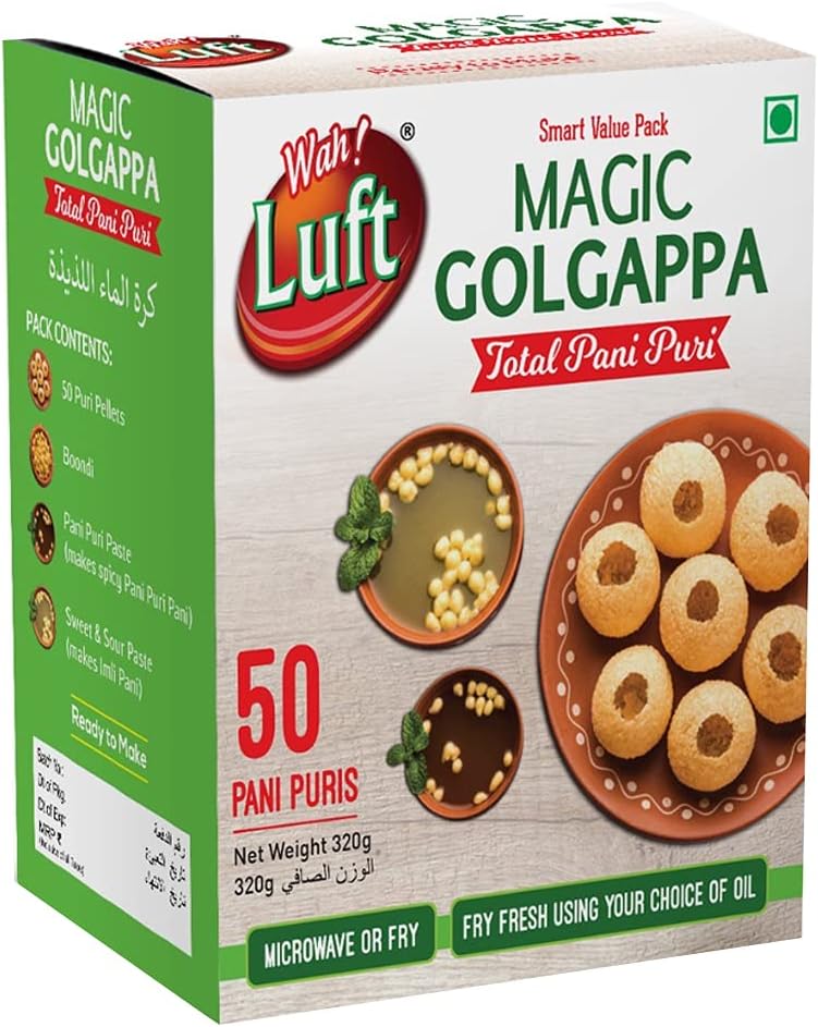 Wah Luft - Magic Golgappa Kit 320g | 50 Pani Puri Pellets | Fry or Microwave | With Pudina & Sweet Paste, Boondi | Fresh & Hygienic