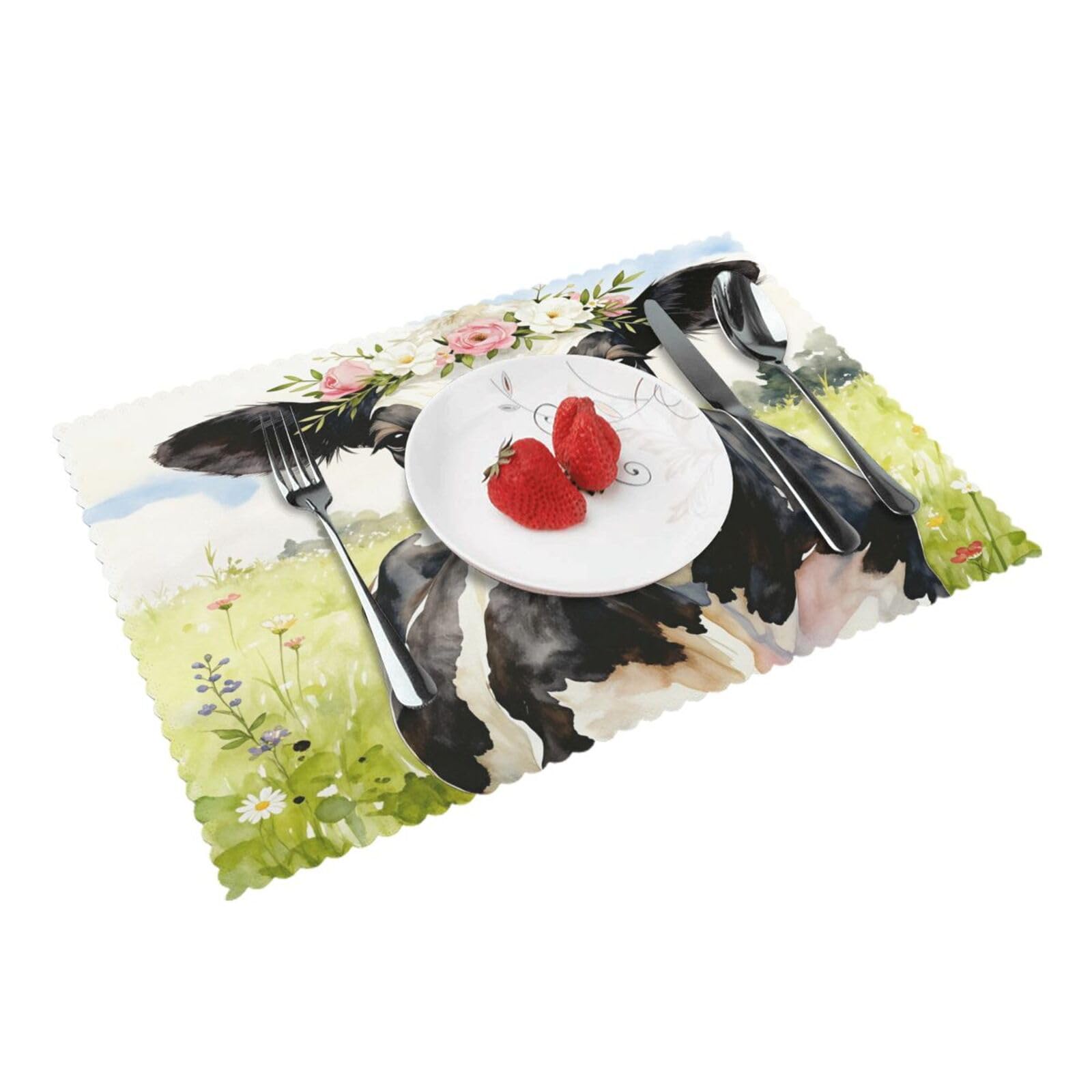 Floral Cow Meadow Art Placemats Set of 4 Print Table Mats Place Mats Table Decor for Kitchen Dining 12X18 in