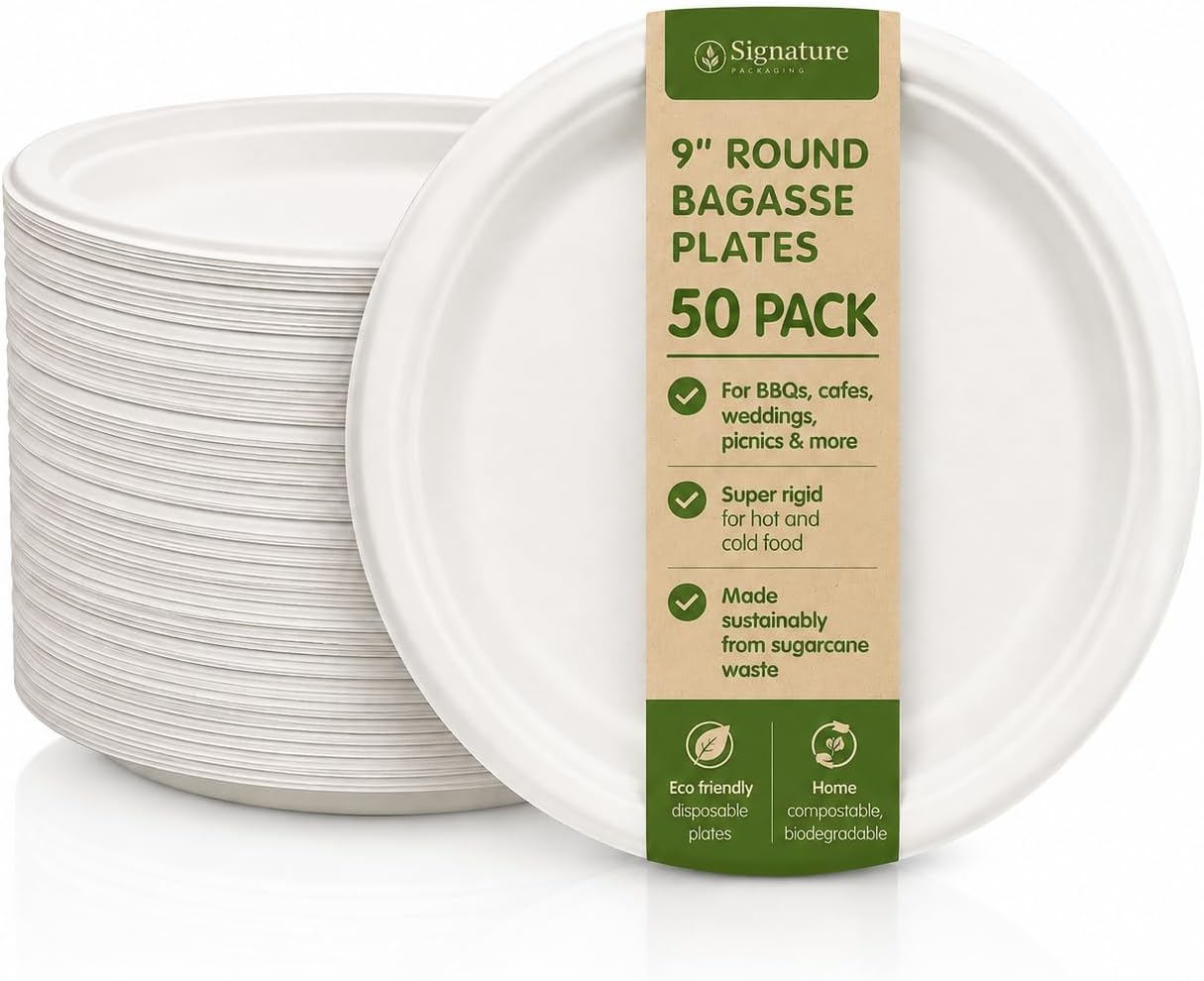 Signature Packaging Sturdy Round Paper Plates, Disposable and Biodegradable Dinnerware for Parties and Events, Eco-Friendly Compostable for Hot and Cold Food - Round 9” (24cm) 50 Plates per Pack