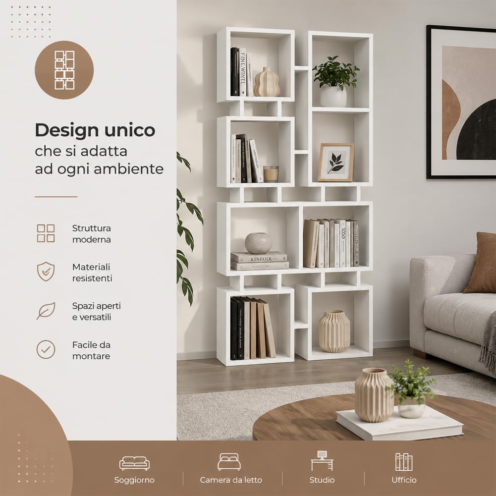 Shally Dogan Libreria a 4 Ripiani Multiscaffale in Legno Design Moderno, Scaffalatura Versatile con Struttura Resistente, Ideale per Soggiorno, Ufficio, Studio, Camera da Letto (Bianco)