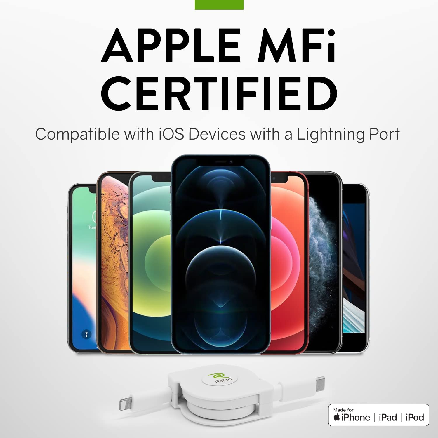 Various Apple iPhones with ReTrak cable, indicating MFi certification