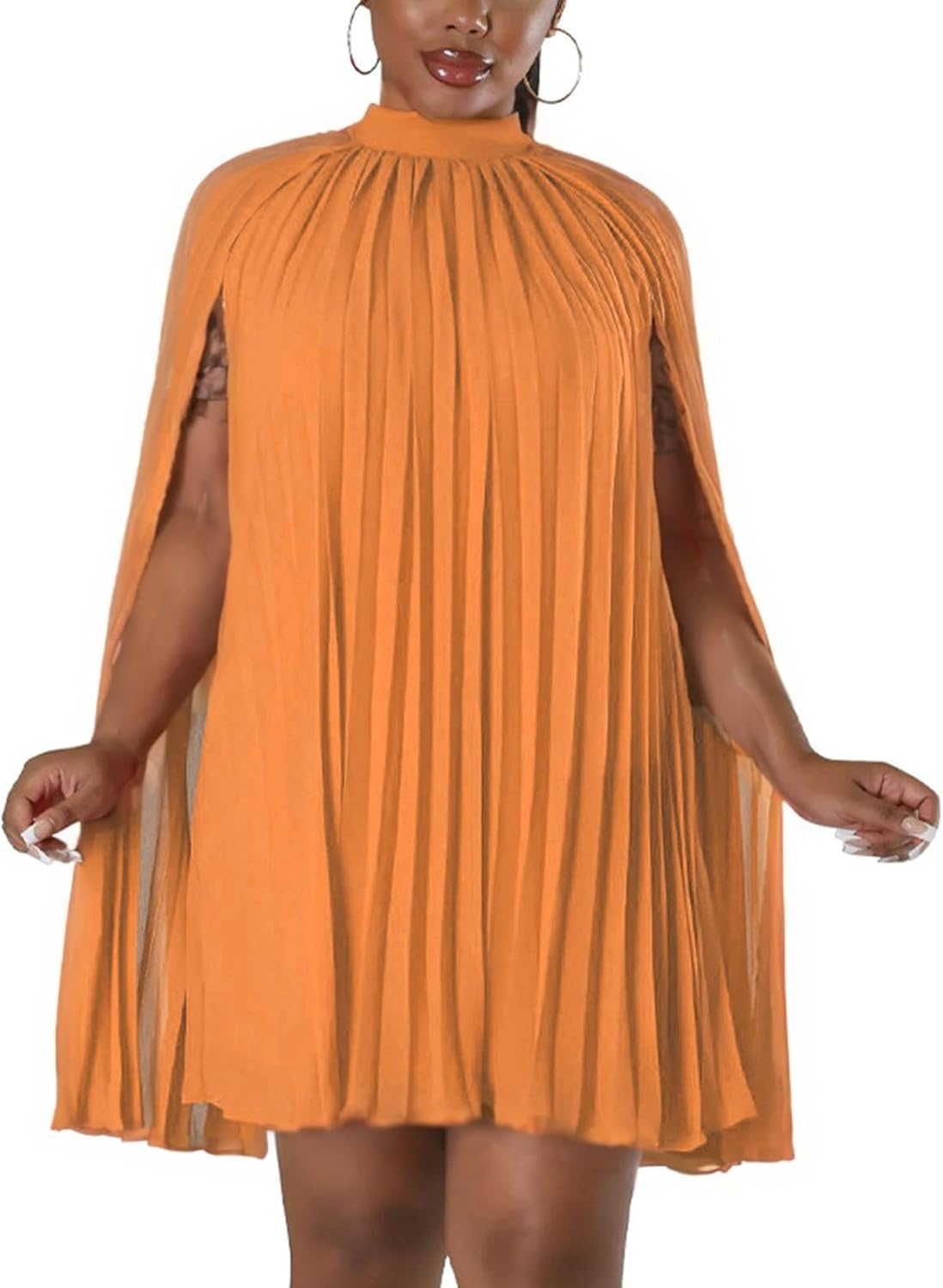 Women’s Casual Cape Sleeve Pleated Split Short Dress Loose Fit Cocktail Party Flowy Dress