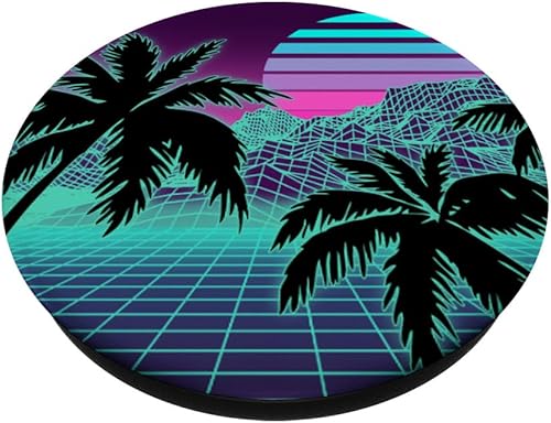 Miniatura 2 de Retro 80s Vaporwave Sunset Sunrise con rejilla estilo Outrun PopSockets agarre y soporte para teléfonos y tabletas, Negro
