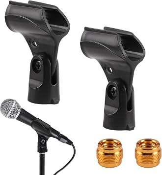 2 Pack Universal Microphone Holder 180  Adjustable Microphone Clip Attachment Large Handhold Mic Stand with 5/8" to 3/8" Mic Copper Screw Adapter for Wired Wireless Mic Clamp