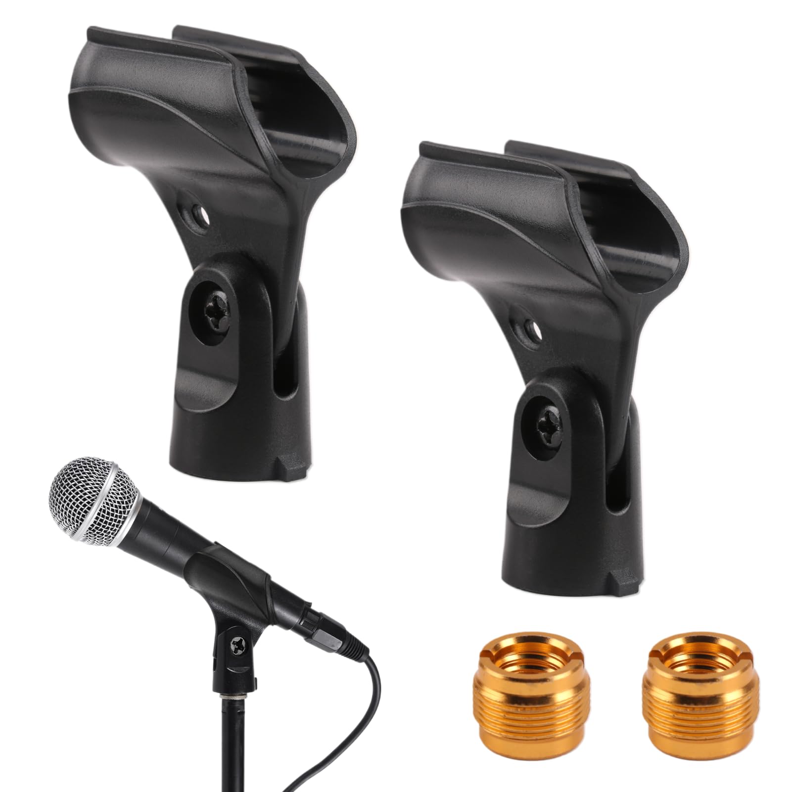 2 Pack Universal Microphone Holder 180° Adjustable Microphone Clip Attachment Large Handhold Mic Stand with 5/8" to 3/8" Mic Copper Screw Adapter for Wired Wireless Mic Clamp
