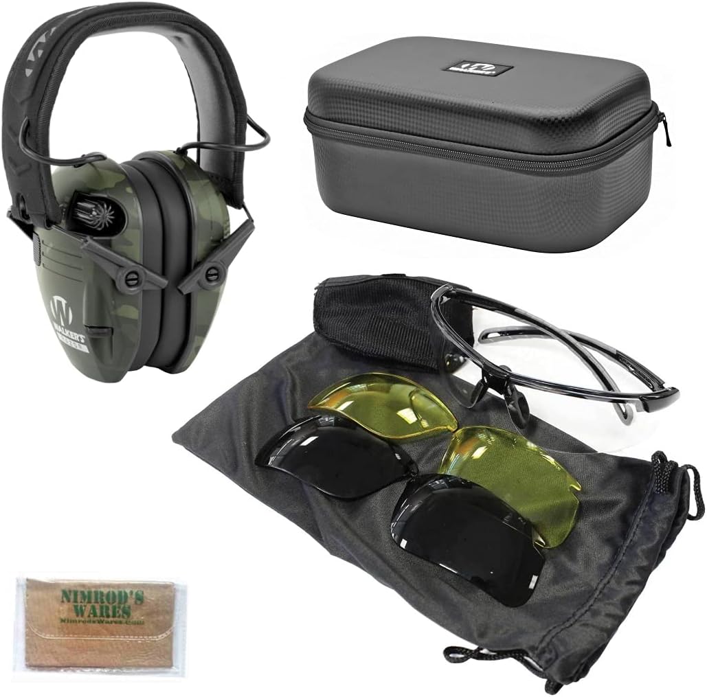 Nimrod's Wares Walker's Earmuffs MCCG + Birchwood Shooting Glasses + Case Bundle with Microfiber Cloth