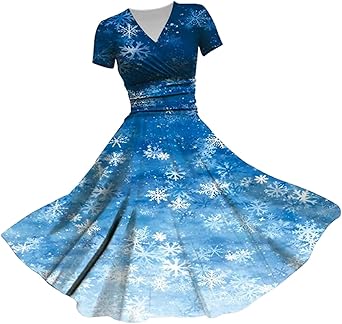 Robe De Noël Femme Robe Noel Femme Grande Taille Renne Imprimé Robe Noël Rose Vintage Année 50 60 à Pois Cocktail Manches Longue Col Round Au Genou Rockabilly Robe De Soirée Fête Costume Père Noël