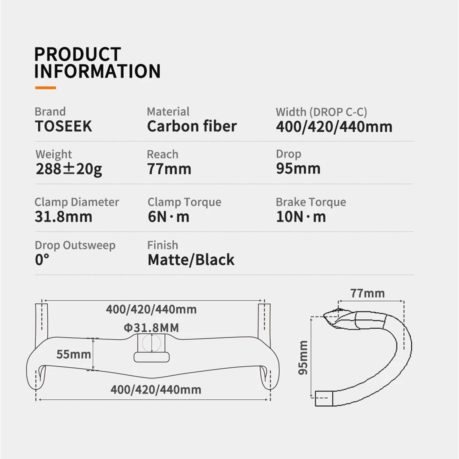 Guidon de vélo de Route en Fibre de Carbone 31,8 mm Guidon courbé 400/420/440 mm Barres aérodynamiques légères pour vélos de Ville de Route Cruisers Cyclisme Longue Distance