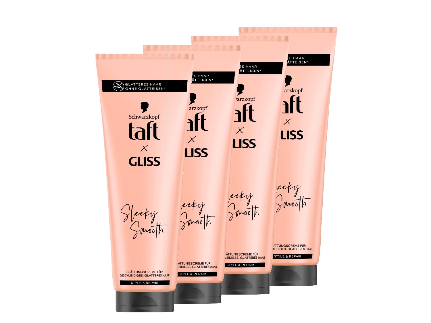 Taft x Gliss krem wygładzający Sleeky Smooth (4 x 150 ml), krem do stylizacji dla prostych włosów bez prostownicy, z dodatkową ochroną przed suszarką i przeciw puszeniu się