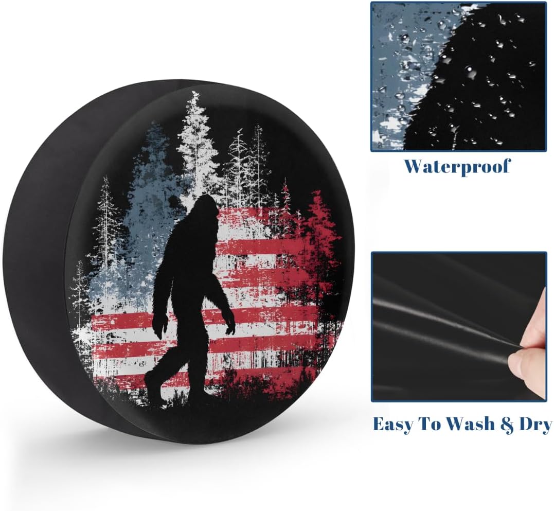Bigfoot American Flag RV Camping Spare Tire Covers Weatherproof Dustproof Tire Covers for Travel Trailer Camper Jeep RV SUV Truck Wheel Protectors Cover Fit 17inch
