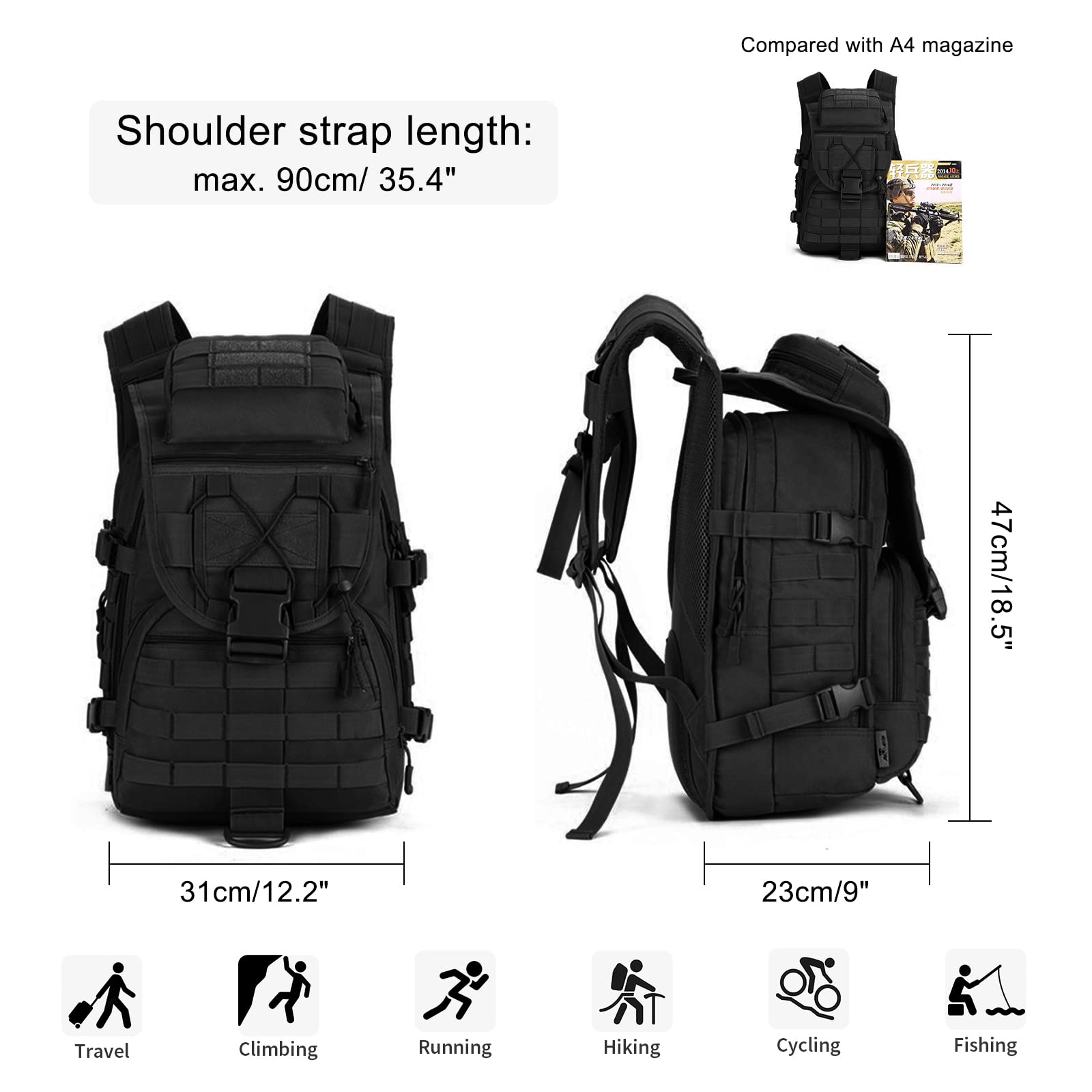 HUNTVP Zaino Militare Tattico 40 Litri Zaino Molle Outdoor per Campeggio Escursione Viaggio Trekking Sport