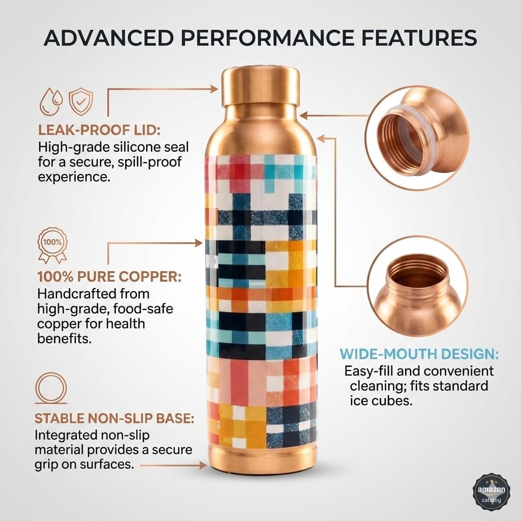 100% Pure Copper Water Bottle, 32 oz (1000ml), Leakproof Ayurvedic Design for Yoga, Gym, Office & Home, Handmade Hammered, Non-Toxic, BPA Free