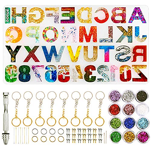 HASTHIP® Alphabet & Number Resin Art Kit with Moulds, DIY Letter Key Chain, Pendant, Jewelry Making Molds for Resin, Silicone Epoxy Resin Moulds