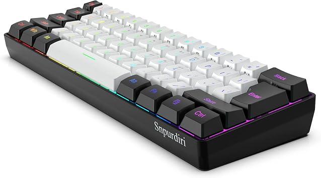 Snpurdiri 60% Wired Gaming Keyboard Compact RGB Illuminated Mini Keyboard with Mechanical Feel Quiet Membrane Keyboard with USB C Portable Office & Travel Keyboard for PC/Mac (Black White)