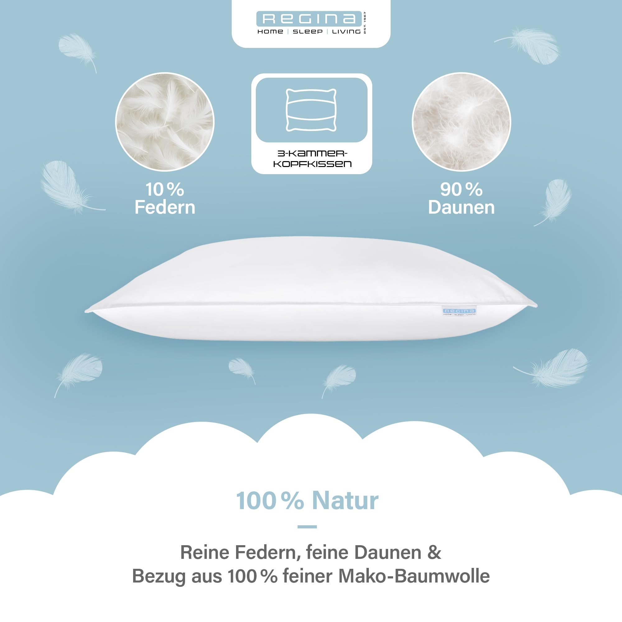 Regina Home 3-Kammer-Kopfkissen - 80x80 cm - Ergonomisches Nackenkissen mit 10% Federn & 90% Daunen - Waschbar & Allergiker Geeignet - 100% Baumwolle
