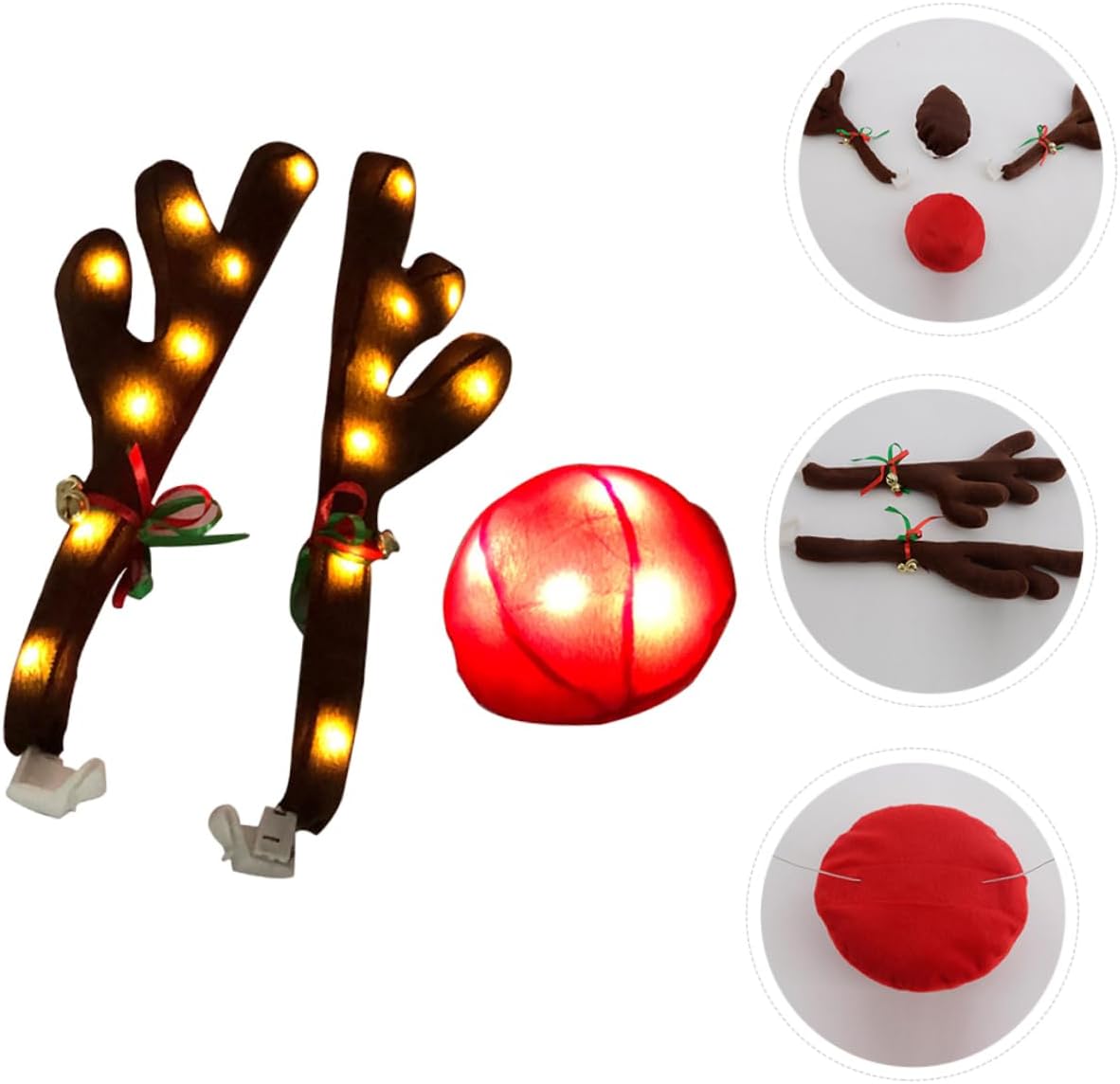 ERINGOGO 2 Sets Christmas Car Kit Led Antlers Reindeer Horns for Car with Light up Nose Easy Install Car Accessories
